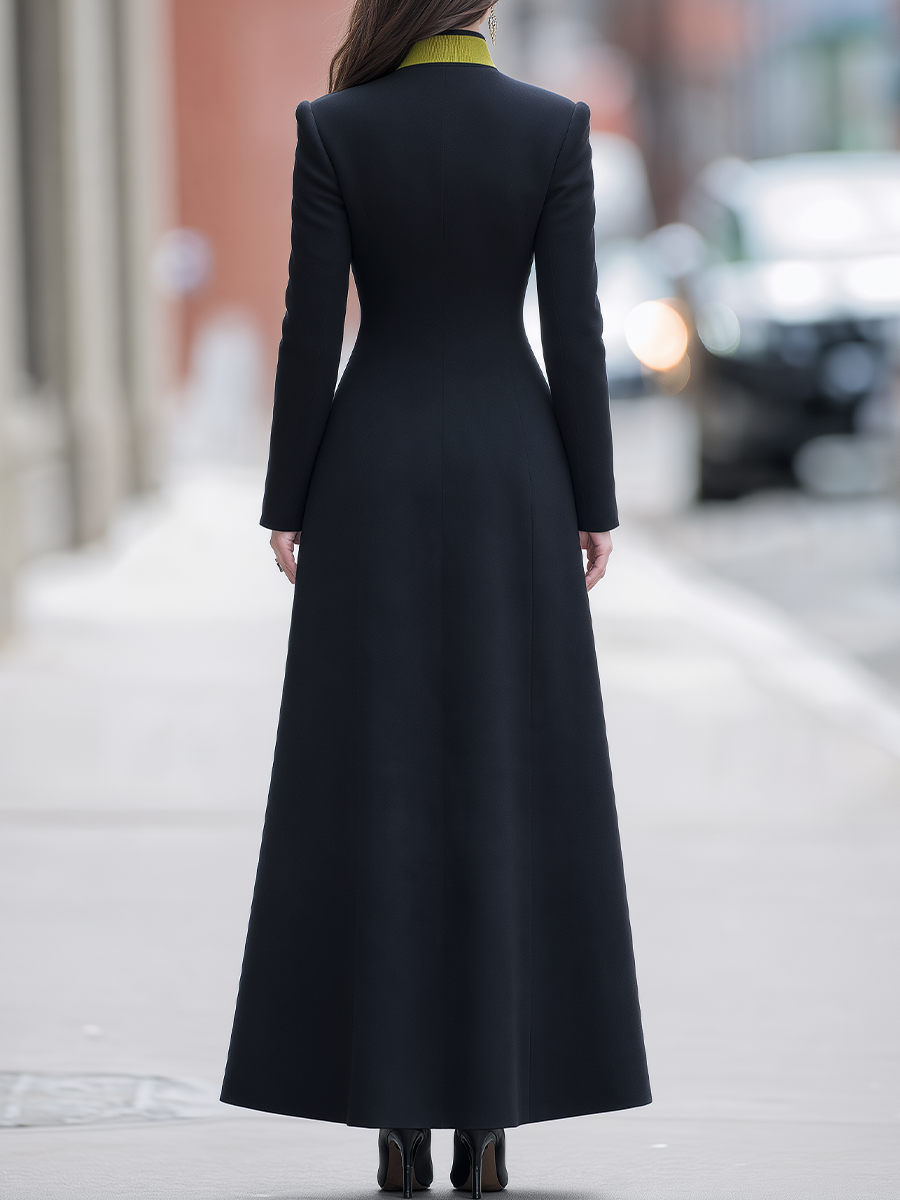 Black Chartreuse Contrast Stand Collar Long Coat & Sleeveless Maxi Dress Two-Piece Set