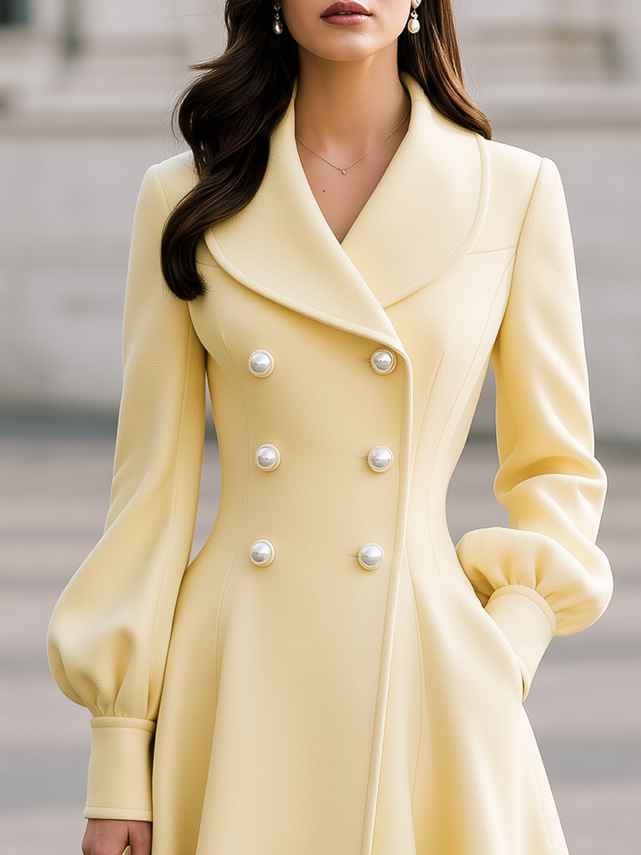 Elegant Double-Breasted Lantern Sleeve Long Coat Dress