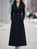 Black Notched Lapel Single-Button Fit-and-Flare Maxi Coat