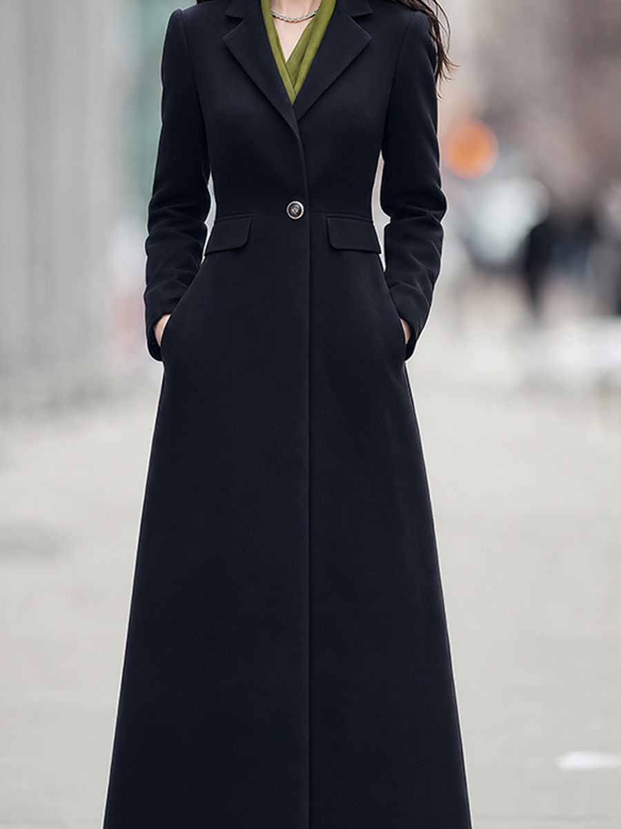 Black Notched Lapel Single-Button Fit-and-Flare Maxi Coat