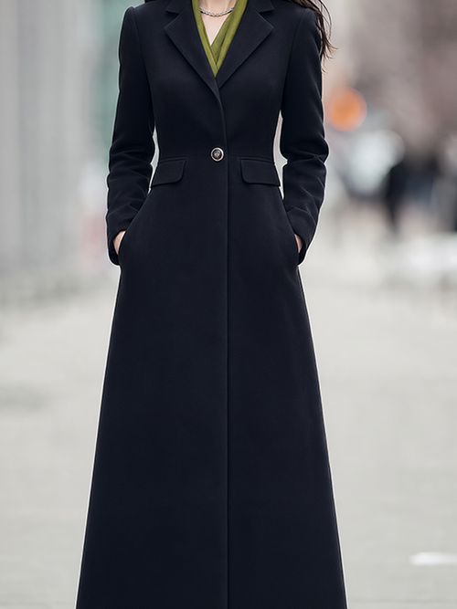 Black Notched Lapel Single-Button Fit-and-Flare Maxi Coat