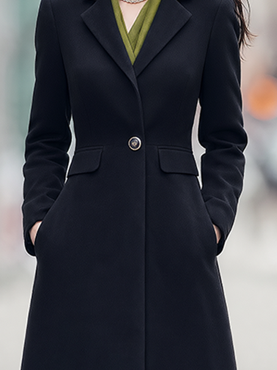 Black Notched Lapel Single-Button Fit-and-Flare Maxi Coat