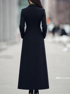 Black Notched Lapel Single-Button Fit-and-Flare Maxi Coat