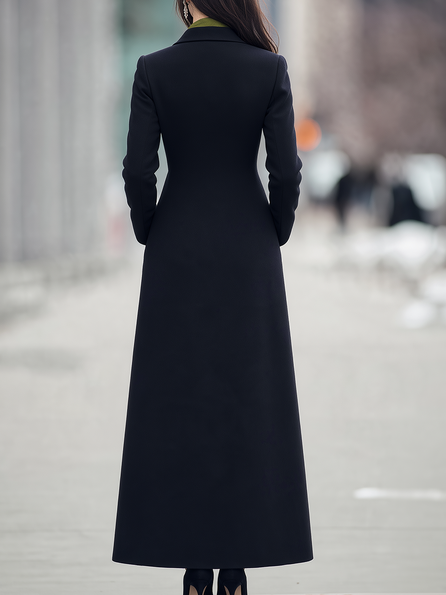 Black Notched Lapel Single-Button Fit-and-Flare Maxi Coat