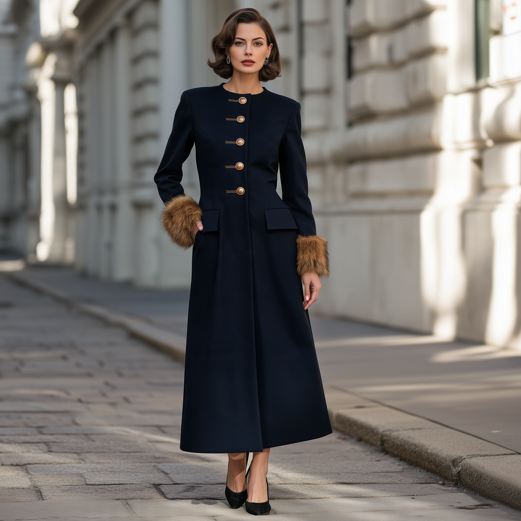 Faux-Fur Cuff Button-Front Maxi Coat Dress