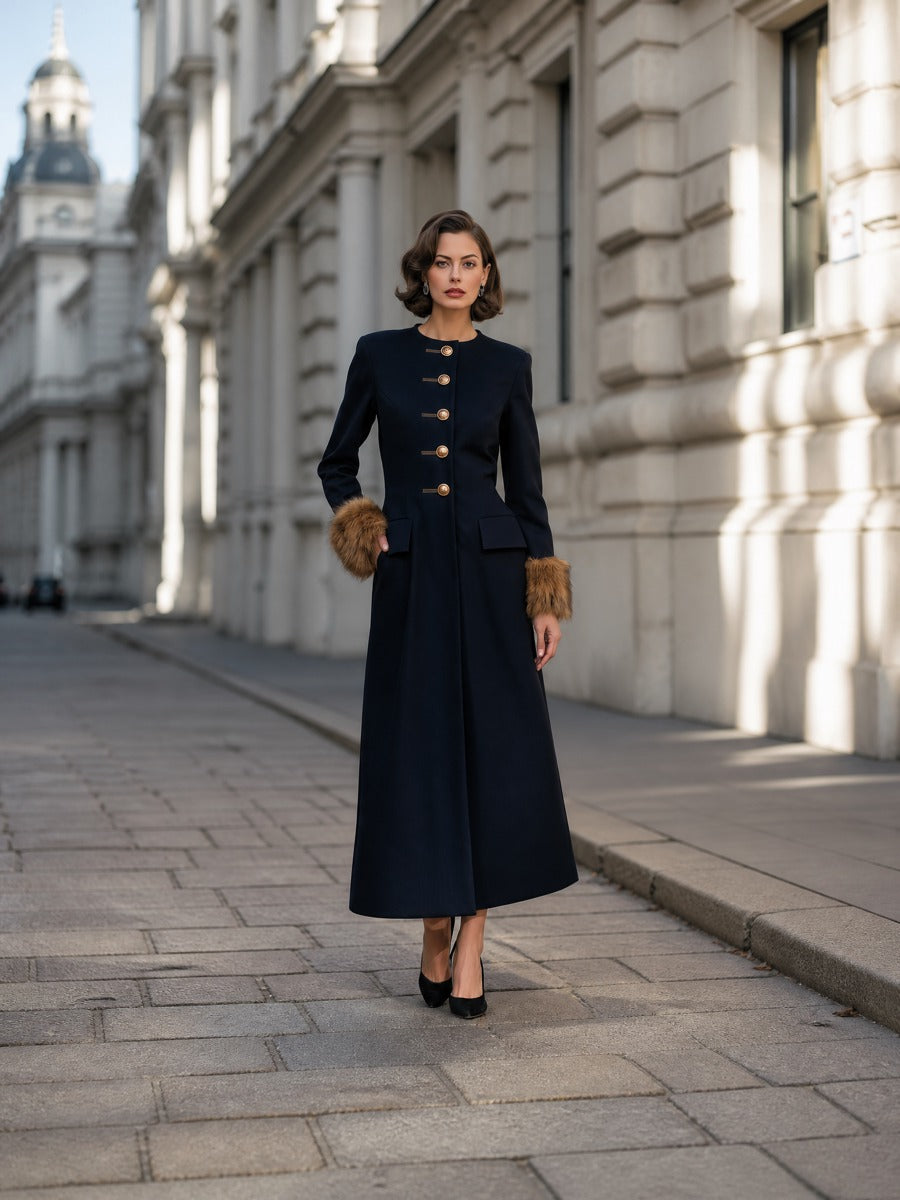 Faux-Fur Cuff Button-Front Maxi Coat Dress