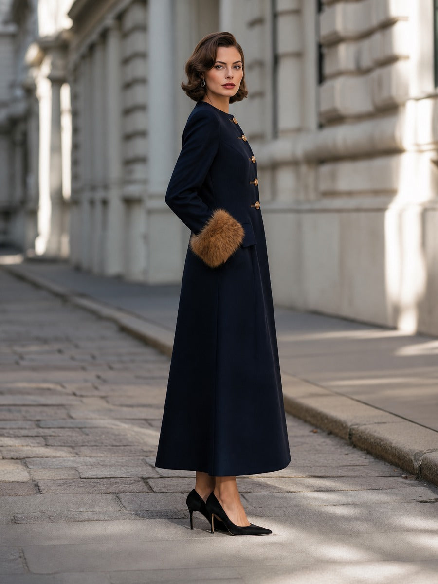 Faux-Fur Cuff Button-Front Maxi Coat Dress