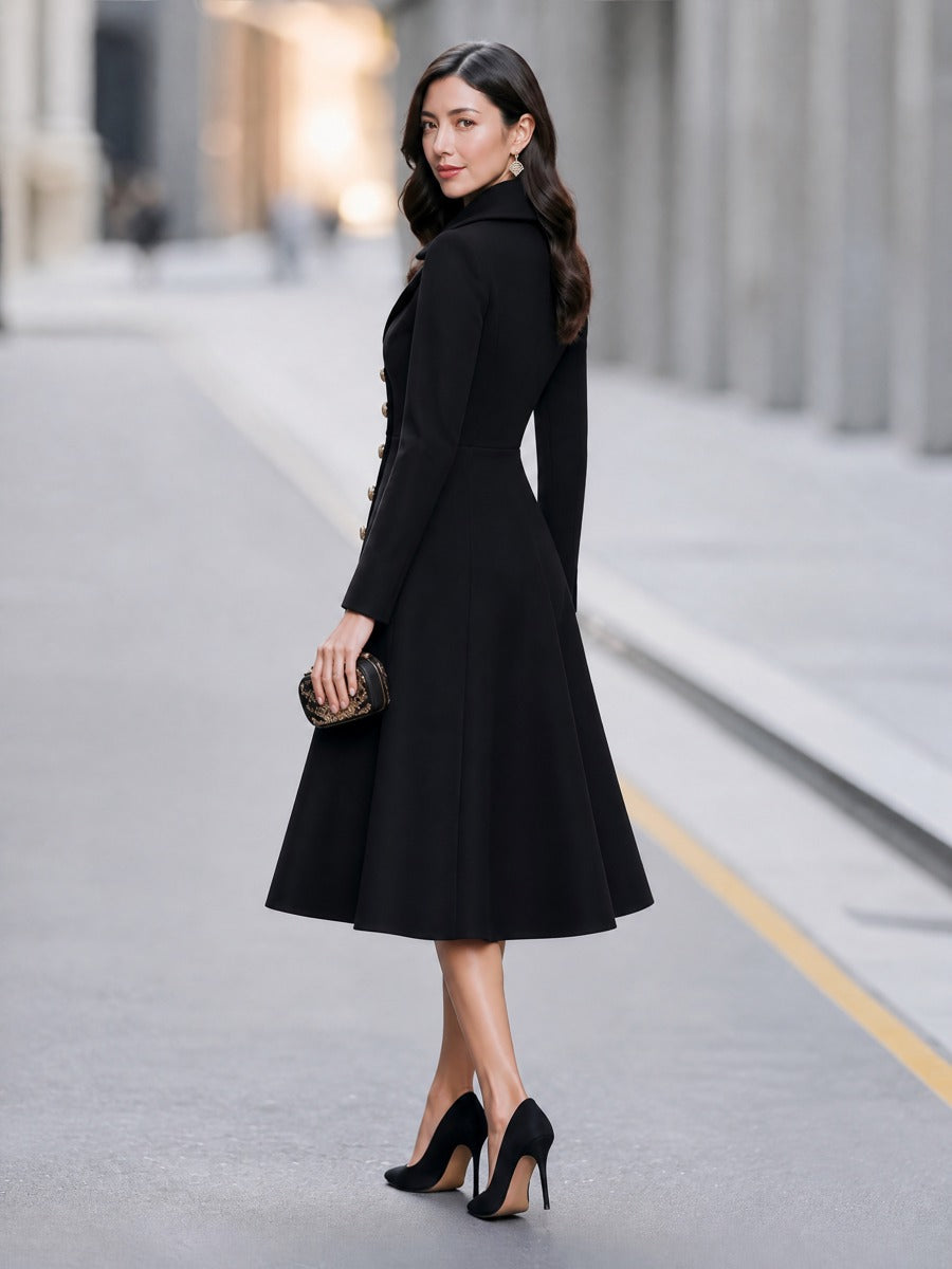 Elegant Notched Lapel Double-Breasted Fit-and-Flare Long Coat