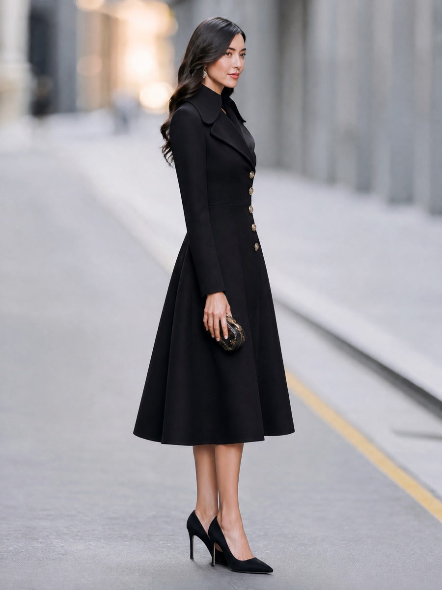Elegant Notched Lapel Double-Breasted Fit-and-Flare Long Coat