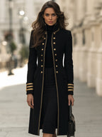 Double-Breasted Military Longline Coat With Braided Trim And Gold Buttons