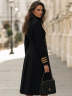 Double-Breasted Military Longline Coat With Braided Trim And Gold Buttons
