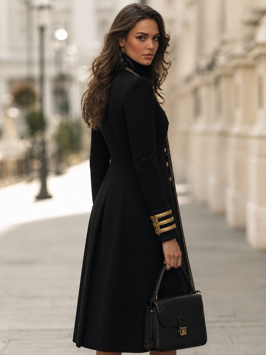 Double-Breasted Military Longline Coat With Braided Trim And Gold Buttons