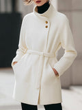 High-Stand Collar Belted Gold Buttons Woolen Coat