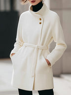High-Stand Collar Belted Gold Buttons Woolen Coat