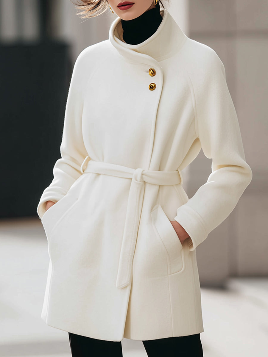 High-Stand Collar Belted Gold Buttons Woolen Coat