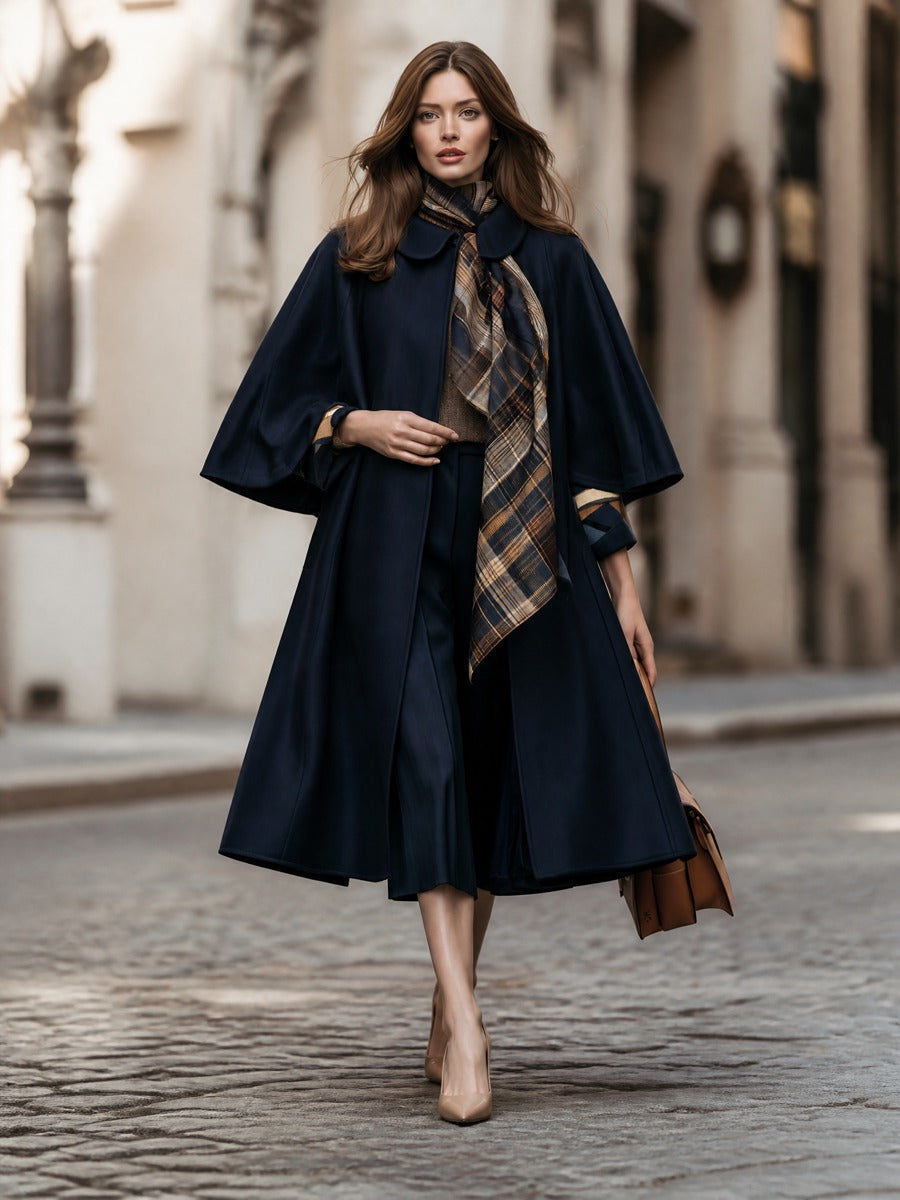 Peter Pan Collar Wool Cape Coat With Swing A-Line Hem