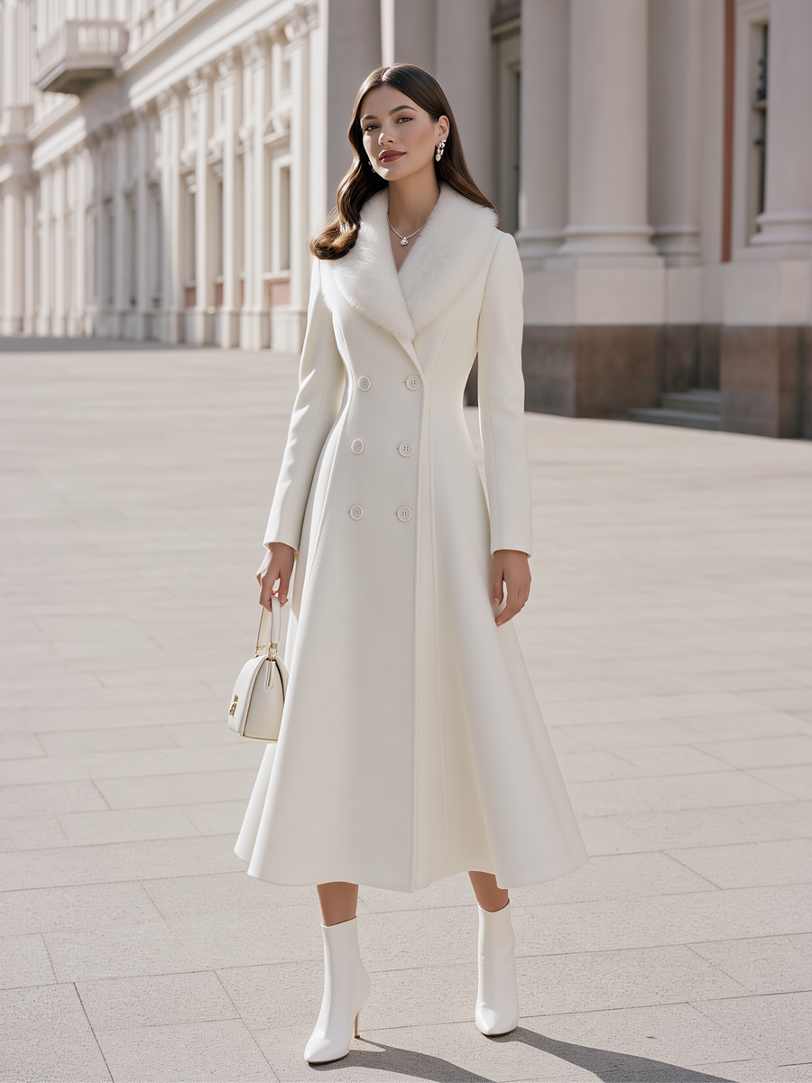 Elegant Faux Fur Collar Double-Breasted Long Wool Coat