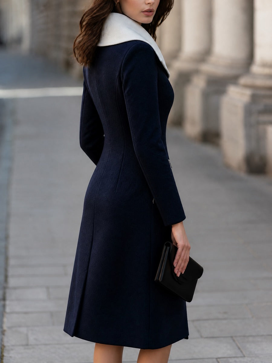 Contrast Collar Zip-Front Wool Tailored Coat Dress