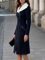 Contrast Collar Zip-Front Wool Tailored Coat Dress