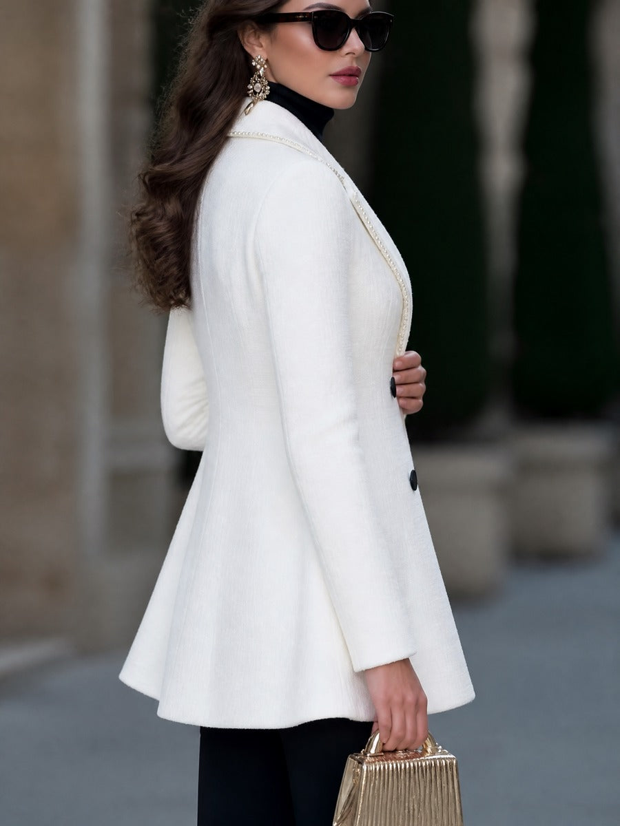 Pearl-Trimmed Double-Breasted Tweed Tailored Blazer Coat