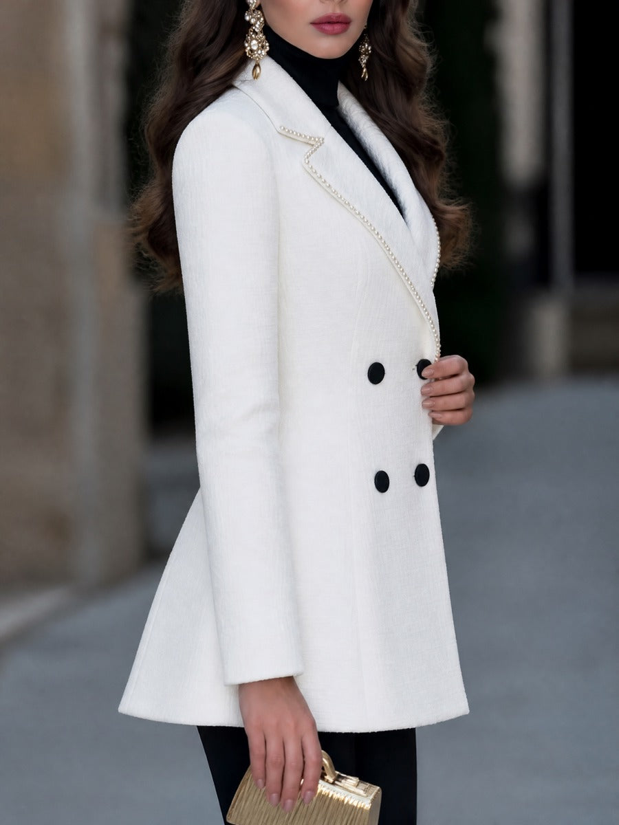 Pearl-Trimmed Double-Breasted Tweed Tailored Blazer Coat
