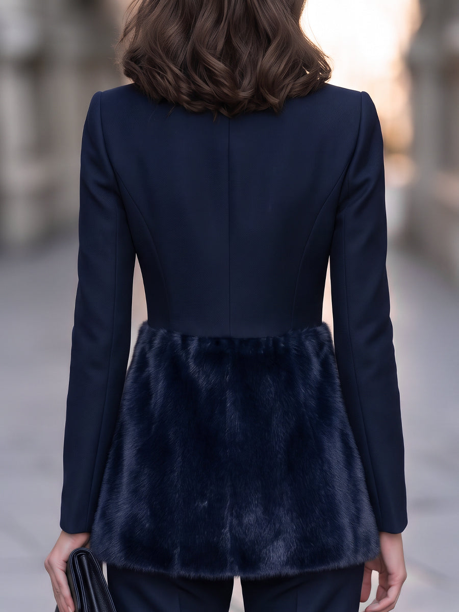 Faux Fur Hem Zip-Up Stand Collar Tailored Jacket