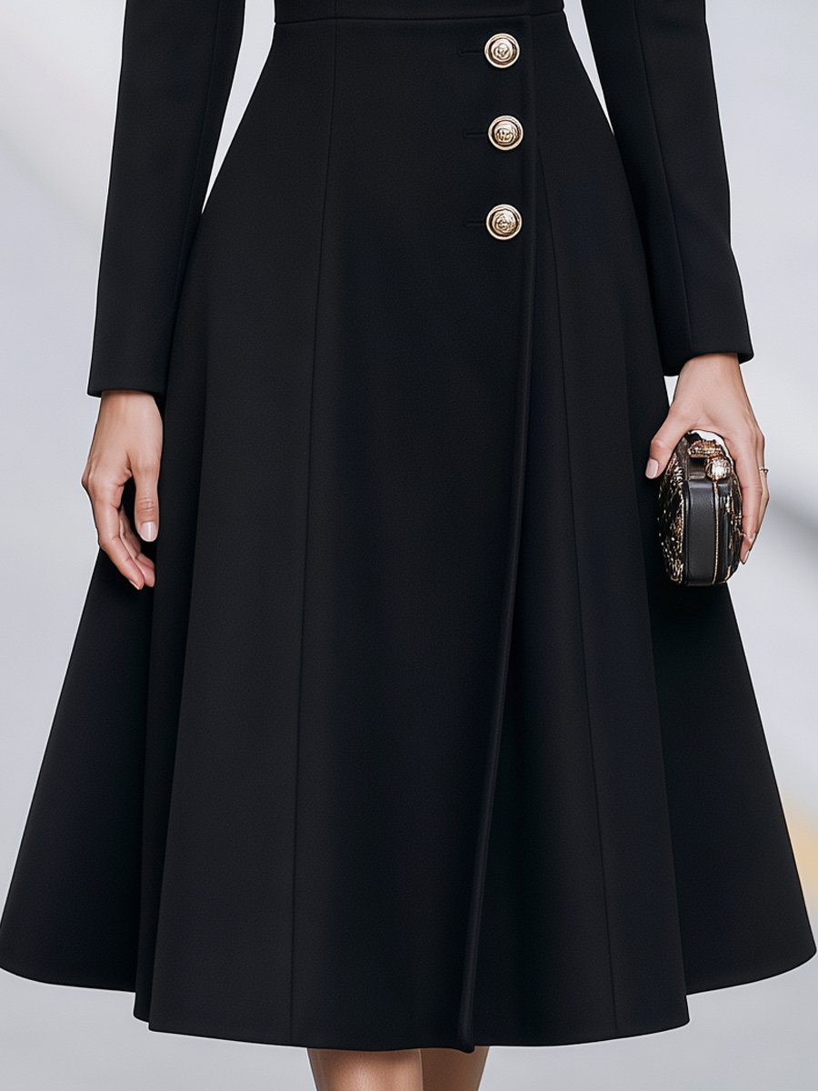 Elegant Notched Lapel Double-Breasted Fit-and-Flare Long Coat