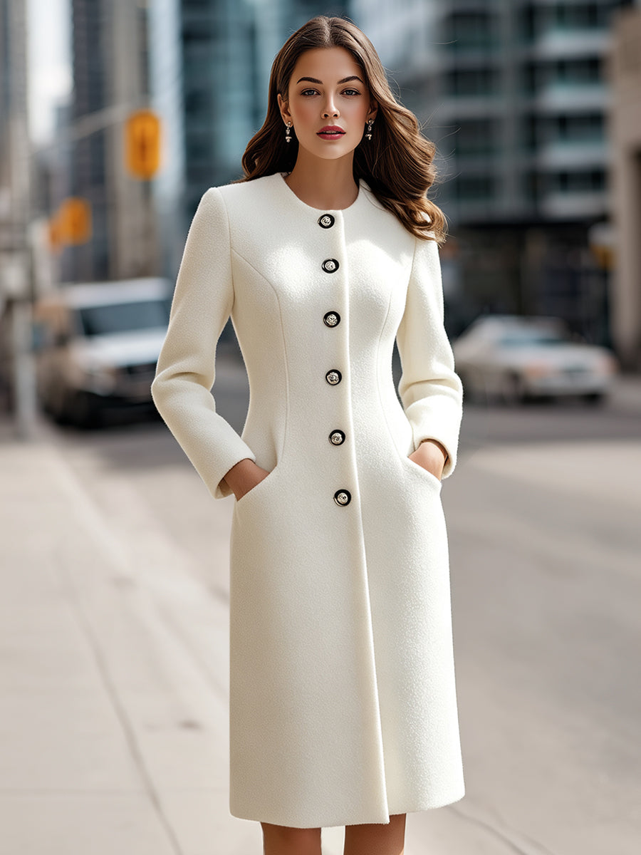 Collarless Single-Breasted Tailored Woolen Coat