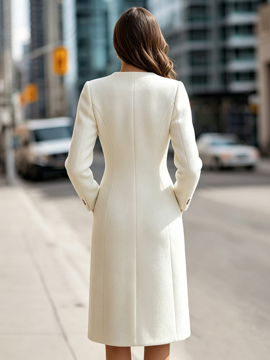 Collarless Single-Breasted Tailored Woolen Coat