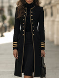 Double-Breasted Military Longline Coat With Braided Trim And Gold Buttons