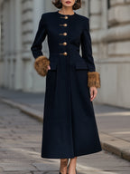 Faux-Fur Cuff Button-Front Maxi Coat Dress