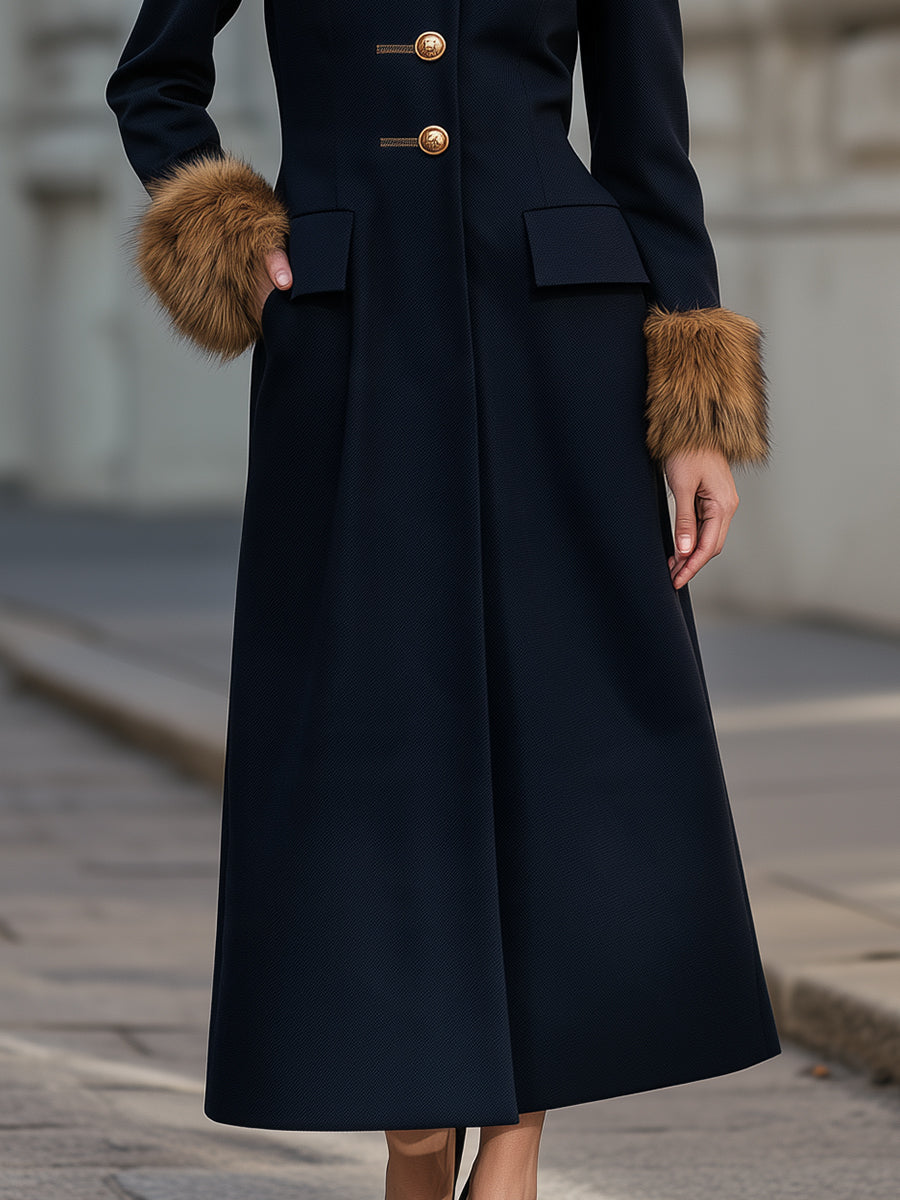 Faux-Fur Cuff Button-Front Maxi Coat Dress