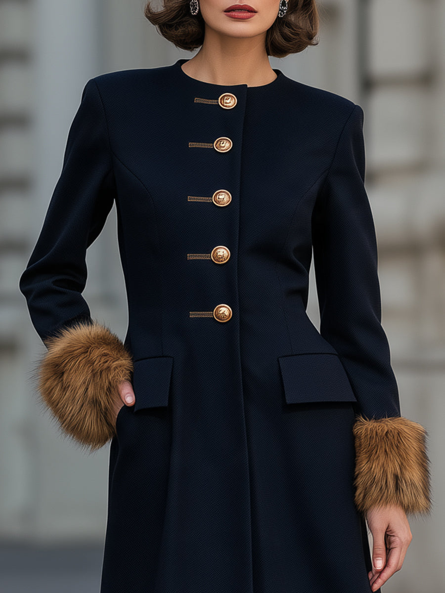 Faux-Fur Cuff Button-Front Maxi Coat Dress