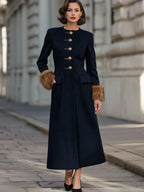 Faux-Fur Cuff Button-Front Maxi Coat Dress