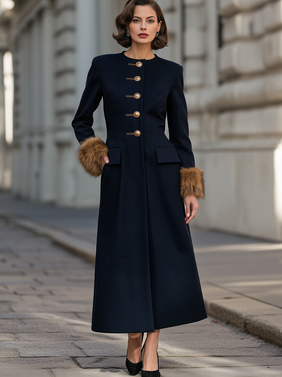 Faux-Fur Cuff Button-Front Maxi Coat Dress