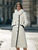 Faux Fur Scarf Contrast-Trimmed Long Woolen Coat