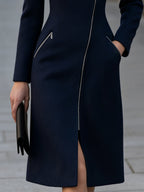 Contrast Collar Zip-Front Wool Tailored Coat Dress
