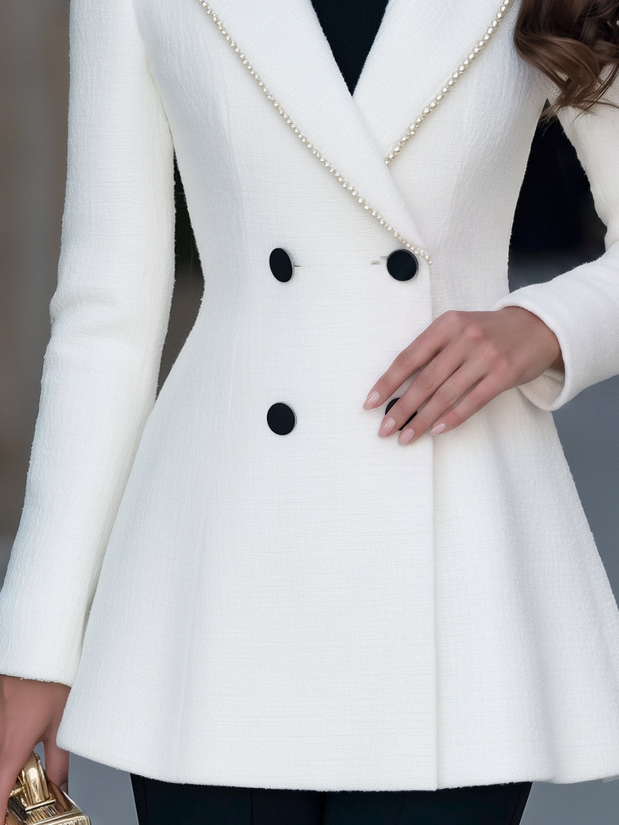 Pearl-Trimmed Double-Breasted Tweed Tailored Blazer Coat