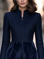Faux Fur Hem Zip-Up Stand Collar Tailored Jacket