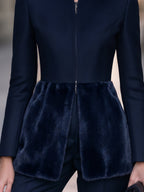 Faux Fur Hem Zip-Up Stand Collar Tailored Jacket