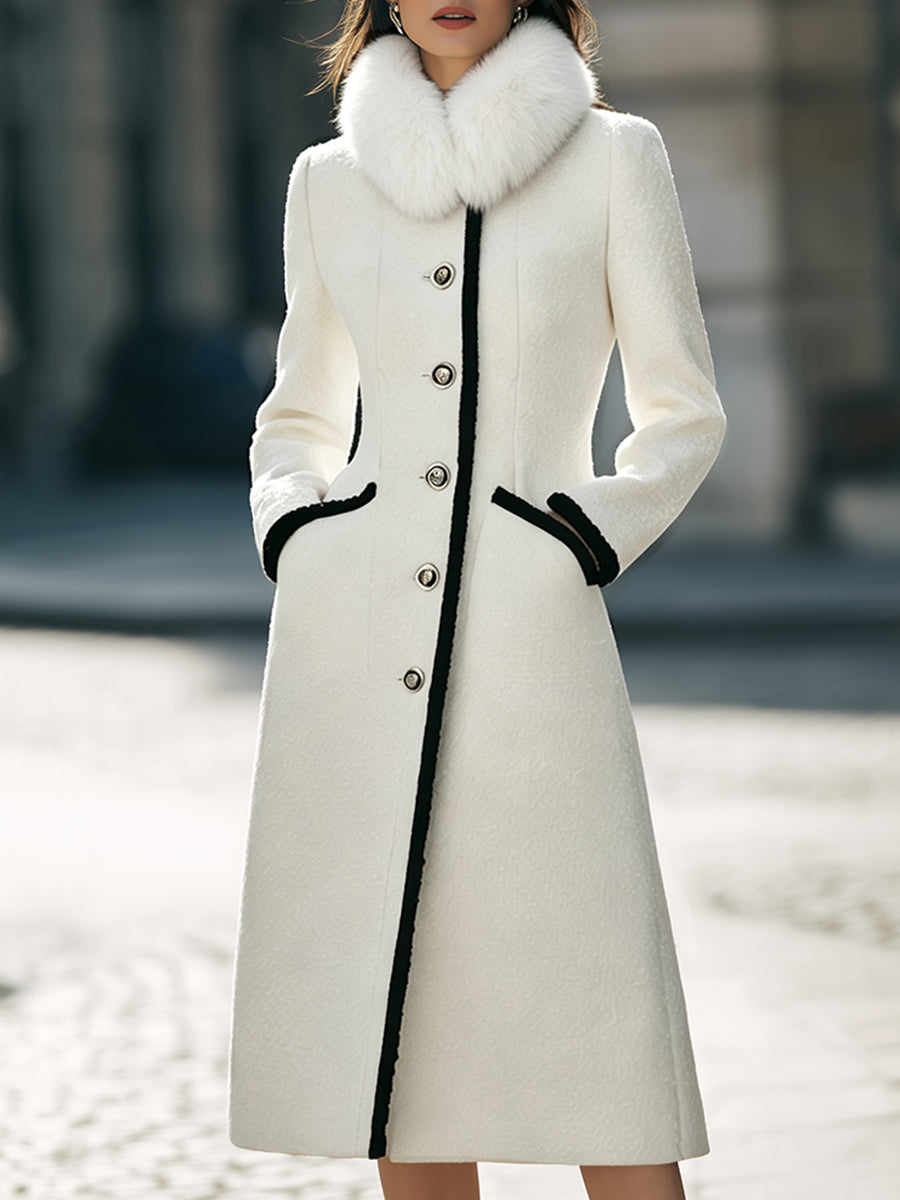 Faux Fur Scarf Contrast-Trimmed Long Woolen Coat