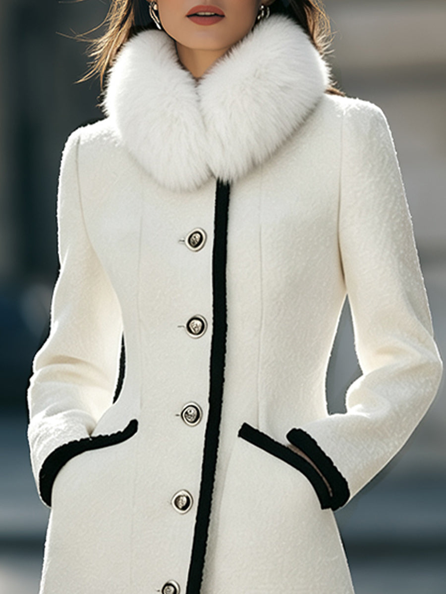 Faux Fur Scarf Contrast-Trimmed Long Woolen Coat