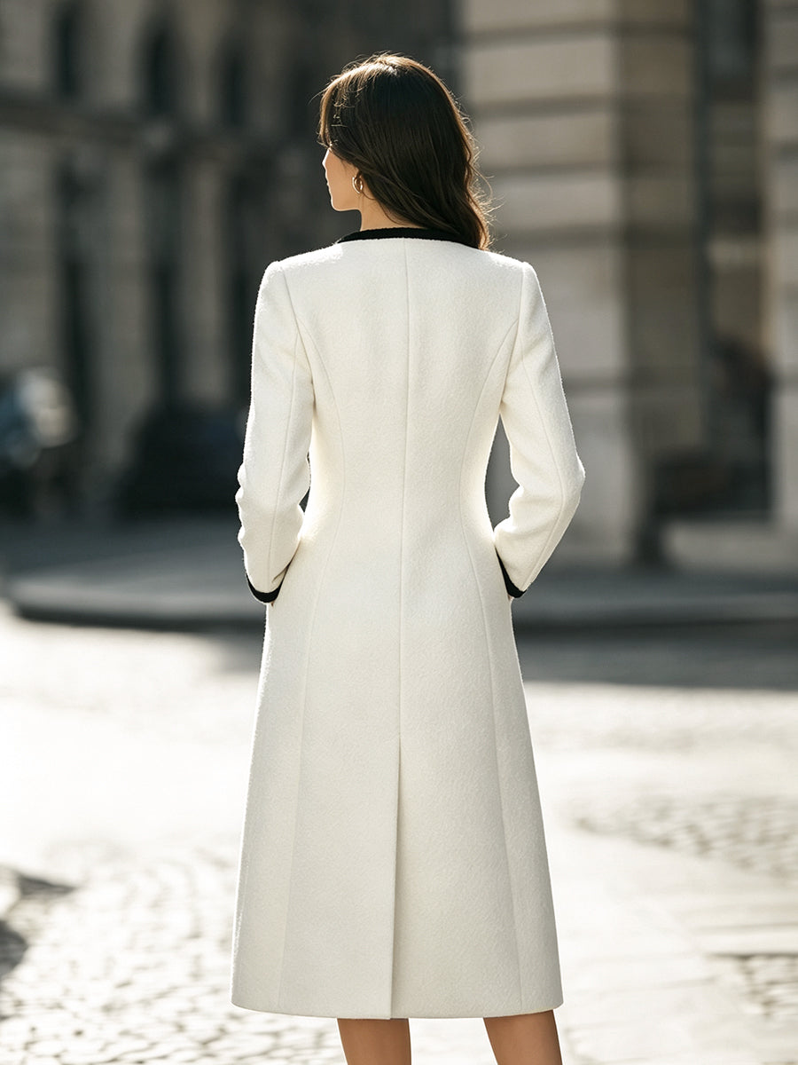 Faux Fur Scarf Contrast-Trimmed Long Woolen Coat
