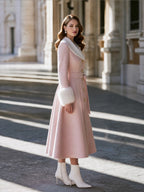 Elegant Faux Fur Collar And Cuffs Belted A-Line Long Coat
