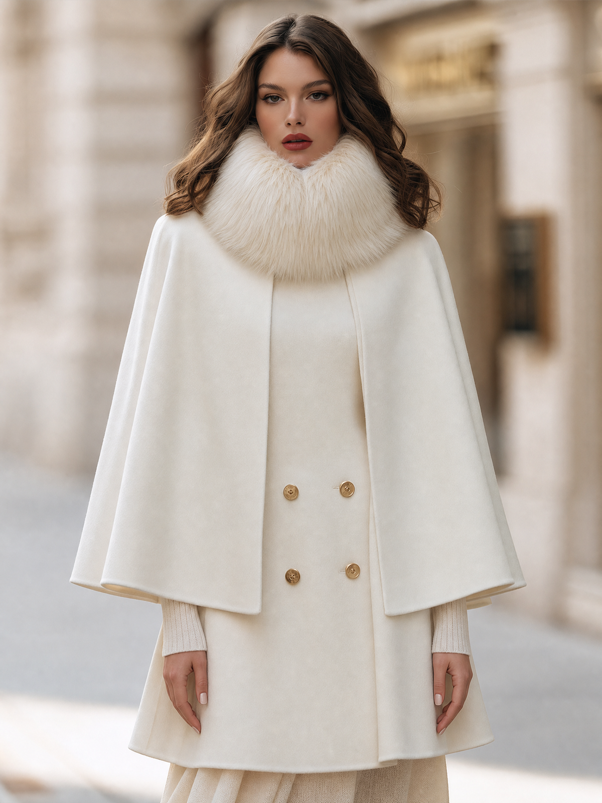 Double-Breasted Wool Cape Coat With Detachable Faux Fur Collar