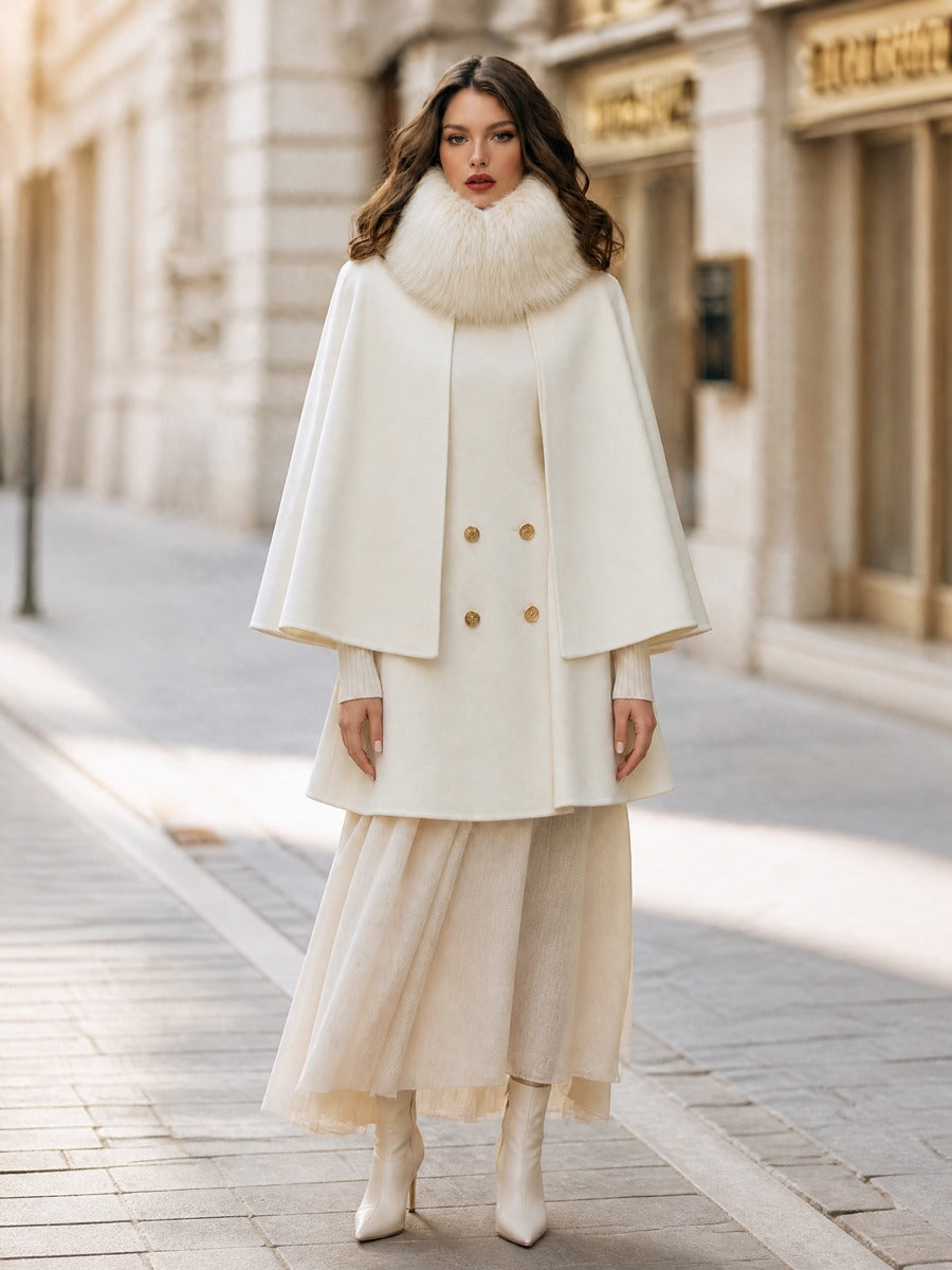 Double-Breasted Wool Cape Coat With Detachable Faux Fur Collar