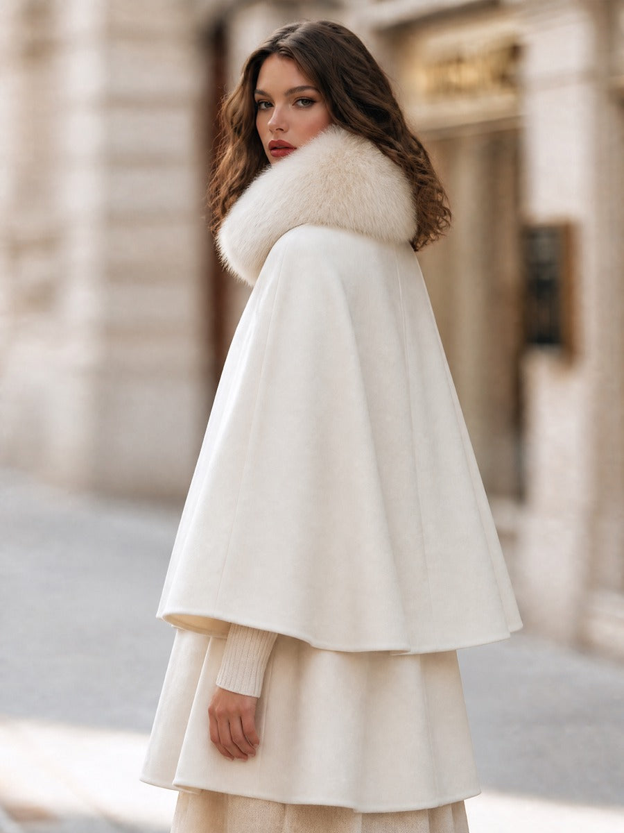 Double-Breasted Wool Cape Coat With Detachable Faux Fur Collar