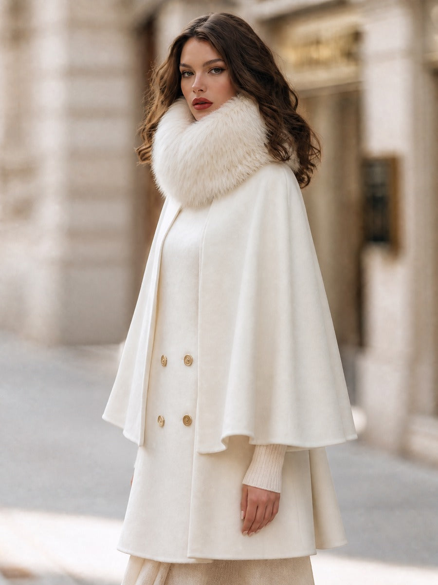 Double-Breasted Wool Cape Coat With Detachable Faux Fur Collar