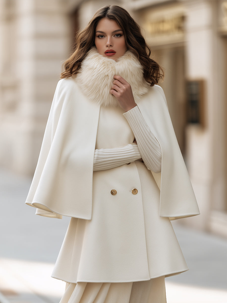 Double-Breasted Wool Cape Coat With Detachable Faux Fur Collar