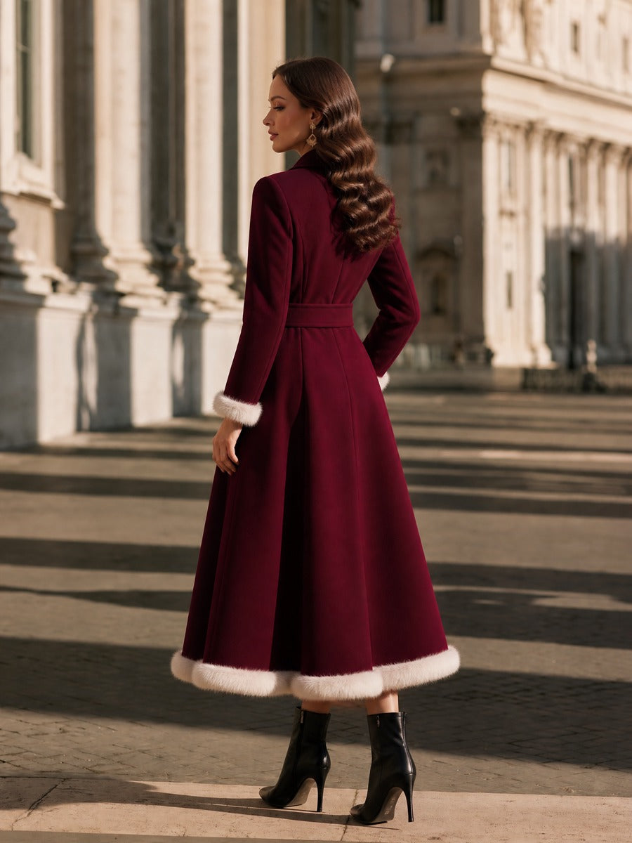 Elegant Fur Trim Gold-Button Belted Waist Long Coat